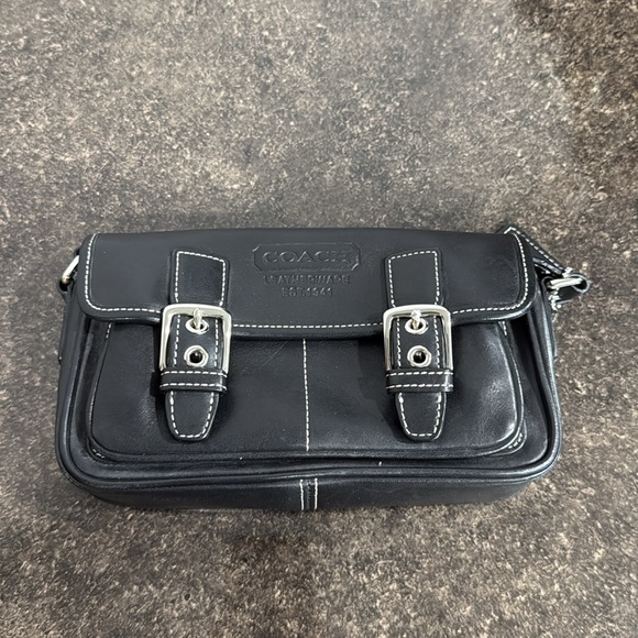 Vintage Coach Y2K Bleecker Double Buckle Black Leather Crossbody Saddle‎ Bag - Picture 6 of 11